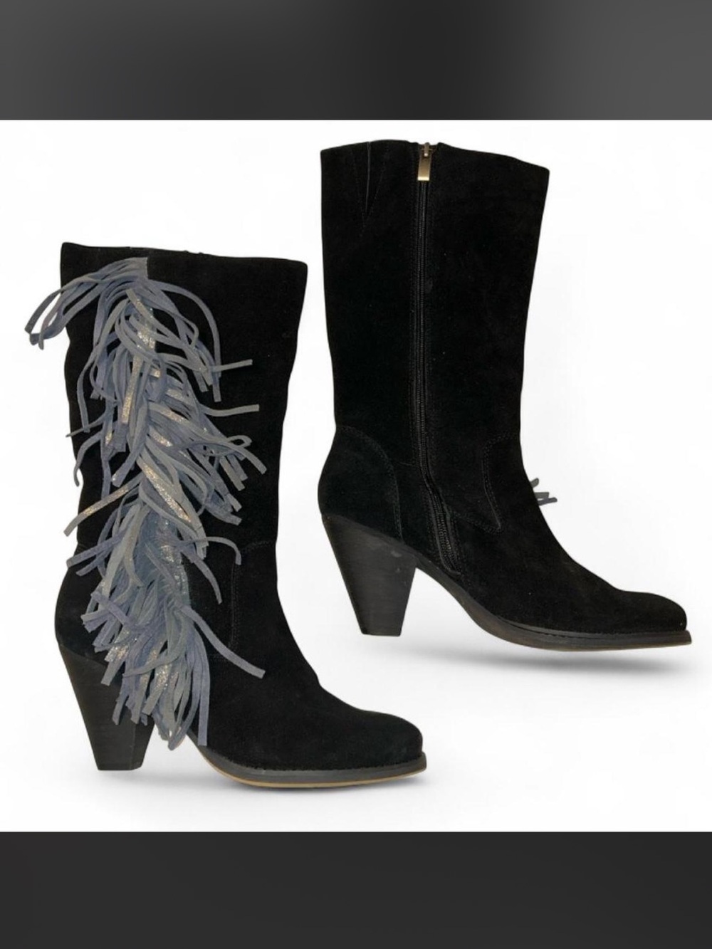 Reba Black Suede Fringe Heeled Boots 🖤